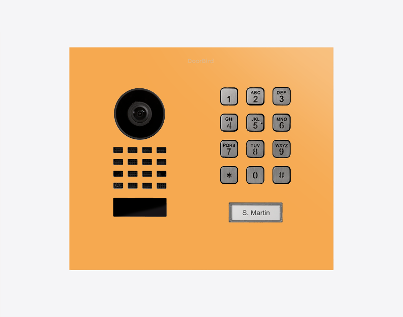 DoorBird flush-mount IP video door station keypad and camera on saffron yellow panel