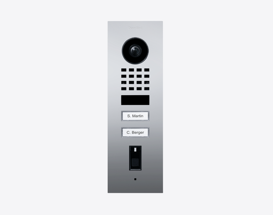 Chrome flush-mount video door station with camera lens, keypad, and nameplates