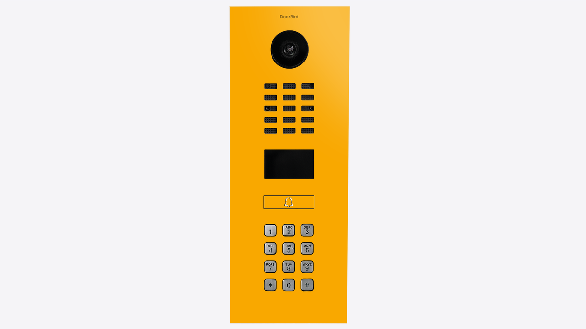 DoorBird Signal Yellow video intercom panel with camera lens and numeric keypad