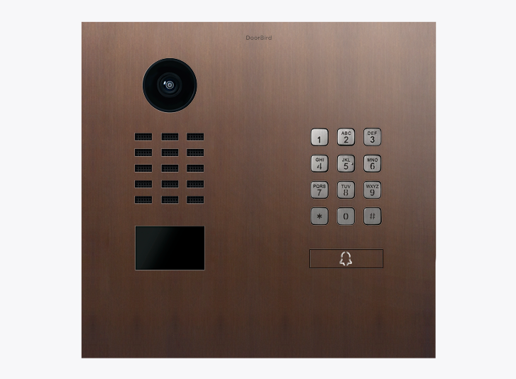 DoorBird video door station in architectural bronze with camera lens, keypad and display
