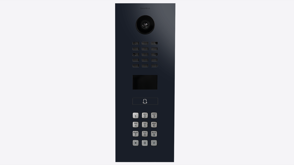 Vertical video intercom panel with camera lens, dark display, and keypad buttons