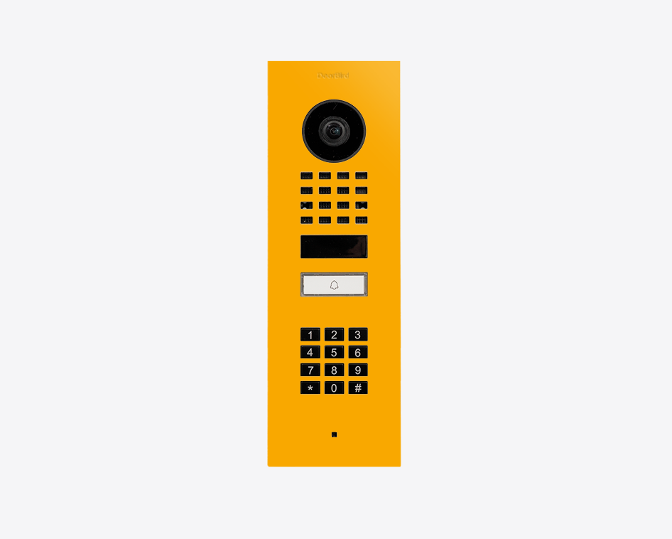 DoorBird D1101KV flush mount video door station, signal yellow, with camera and keypad