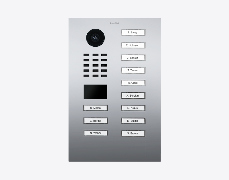 DoorBird IP video door station with chrome frame, camera lens, and 12 labeled call buttons