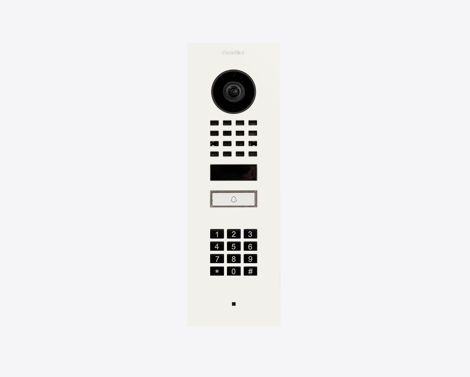 Traffic white flush-mount video door station with camera, keypad and call button