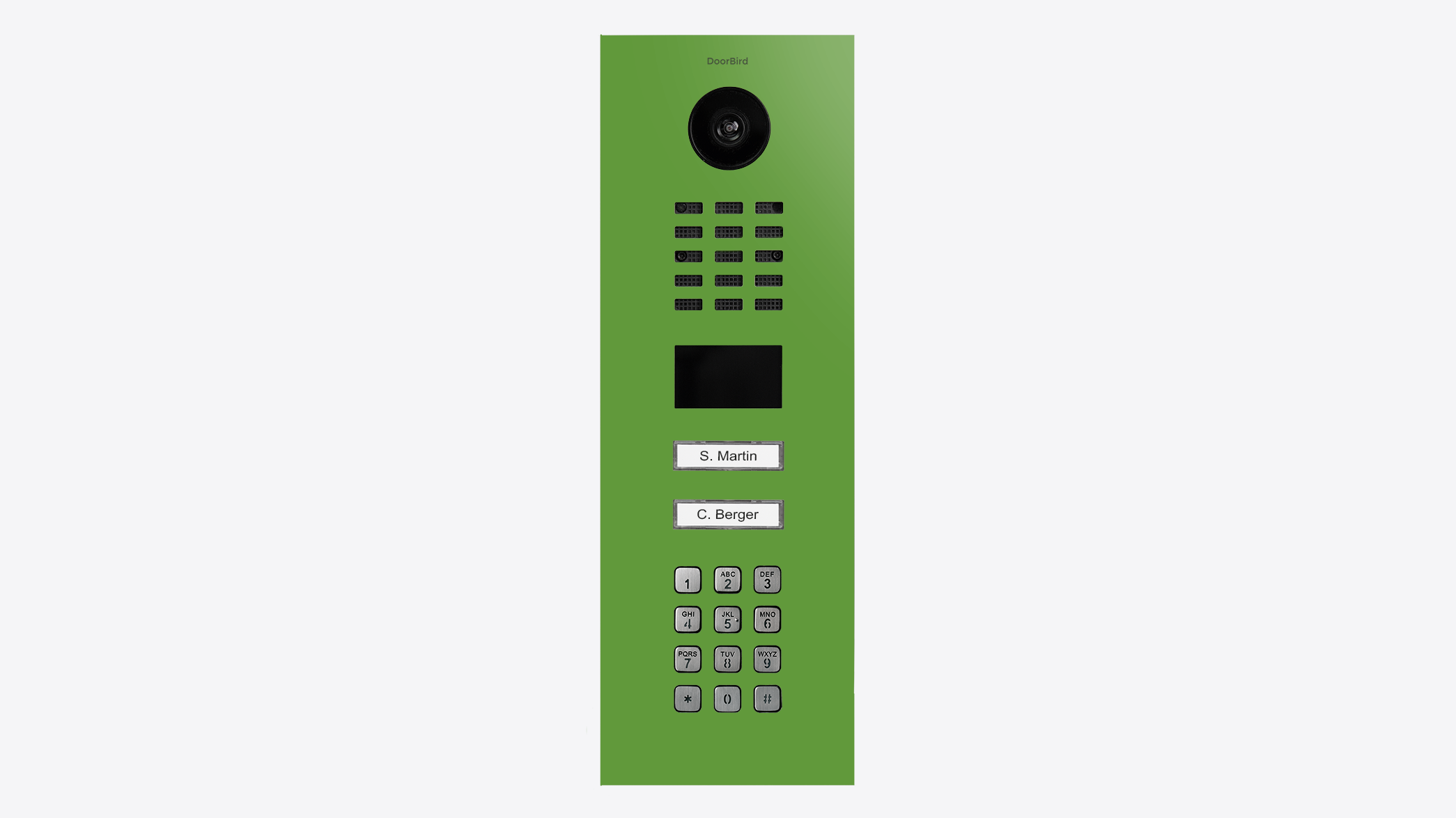 DoorBird IP video door station in yellow-green with camera lens, speaker grille, and keypad