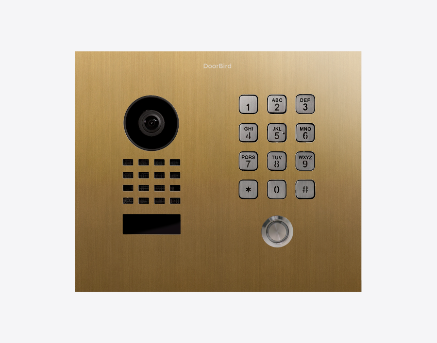 DoorBird flush-mount video door station, gold finish, camera lens and keypad