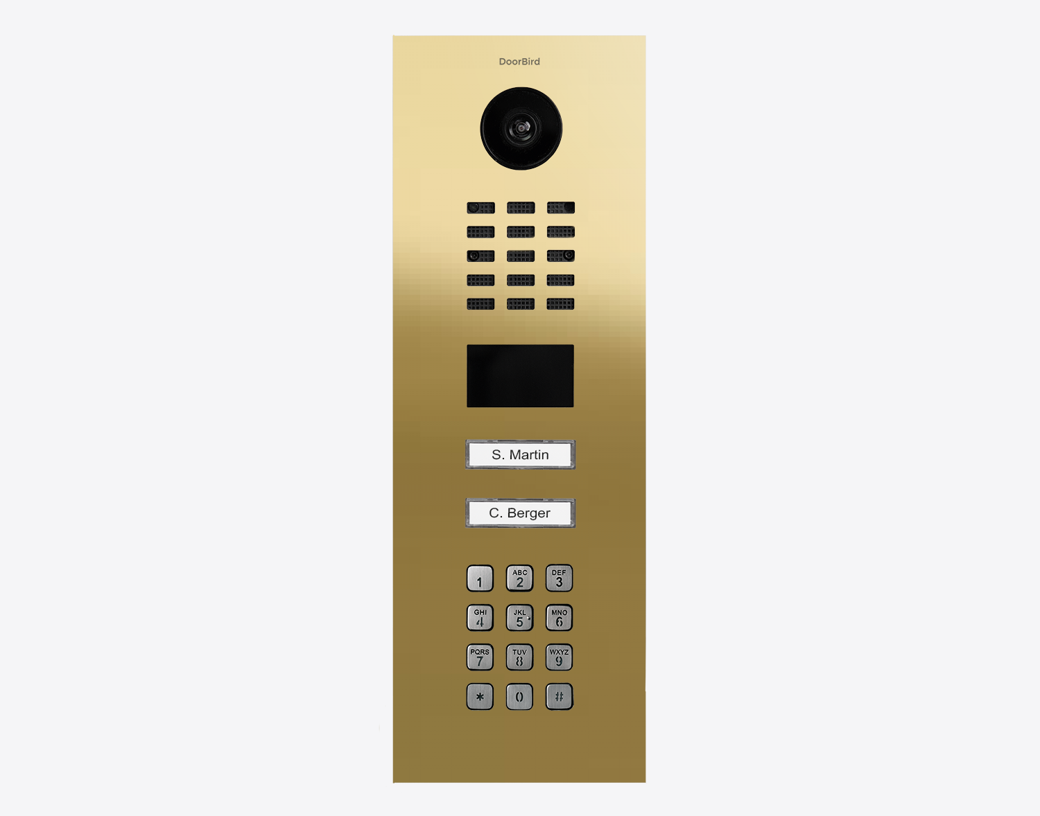 DoorBird video door station in brass finish with camera, keypad, and two call buttons