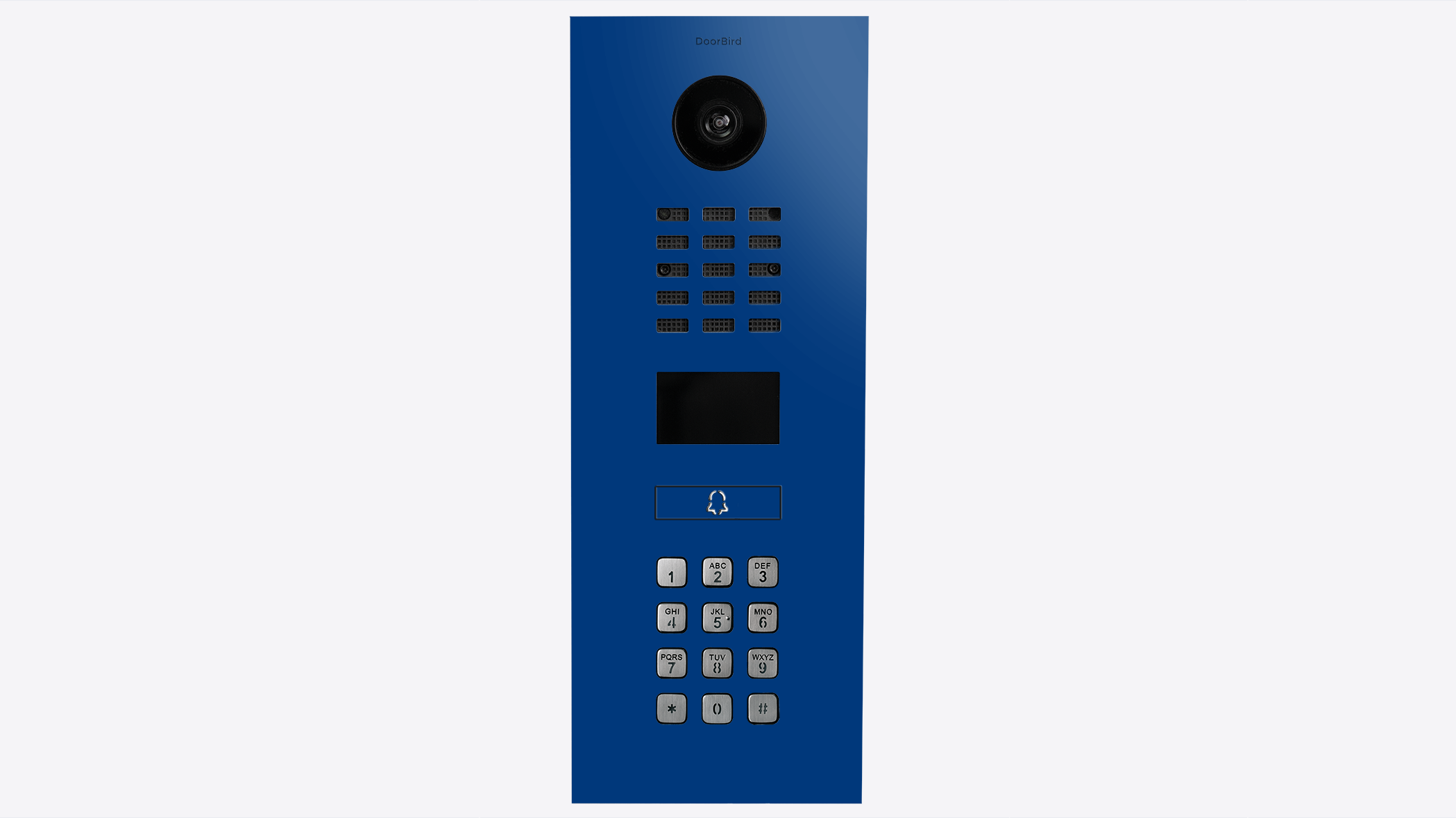 DoorBird untramarine blue video intercom panel with camera lens, grille, keypad