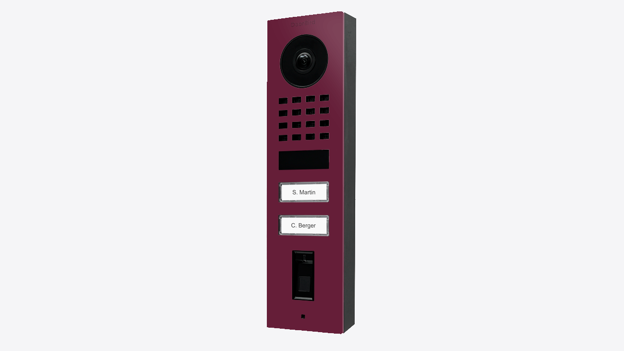 DoorBird claret violet video door station with camera, keypad, and fingerprint reader