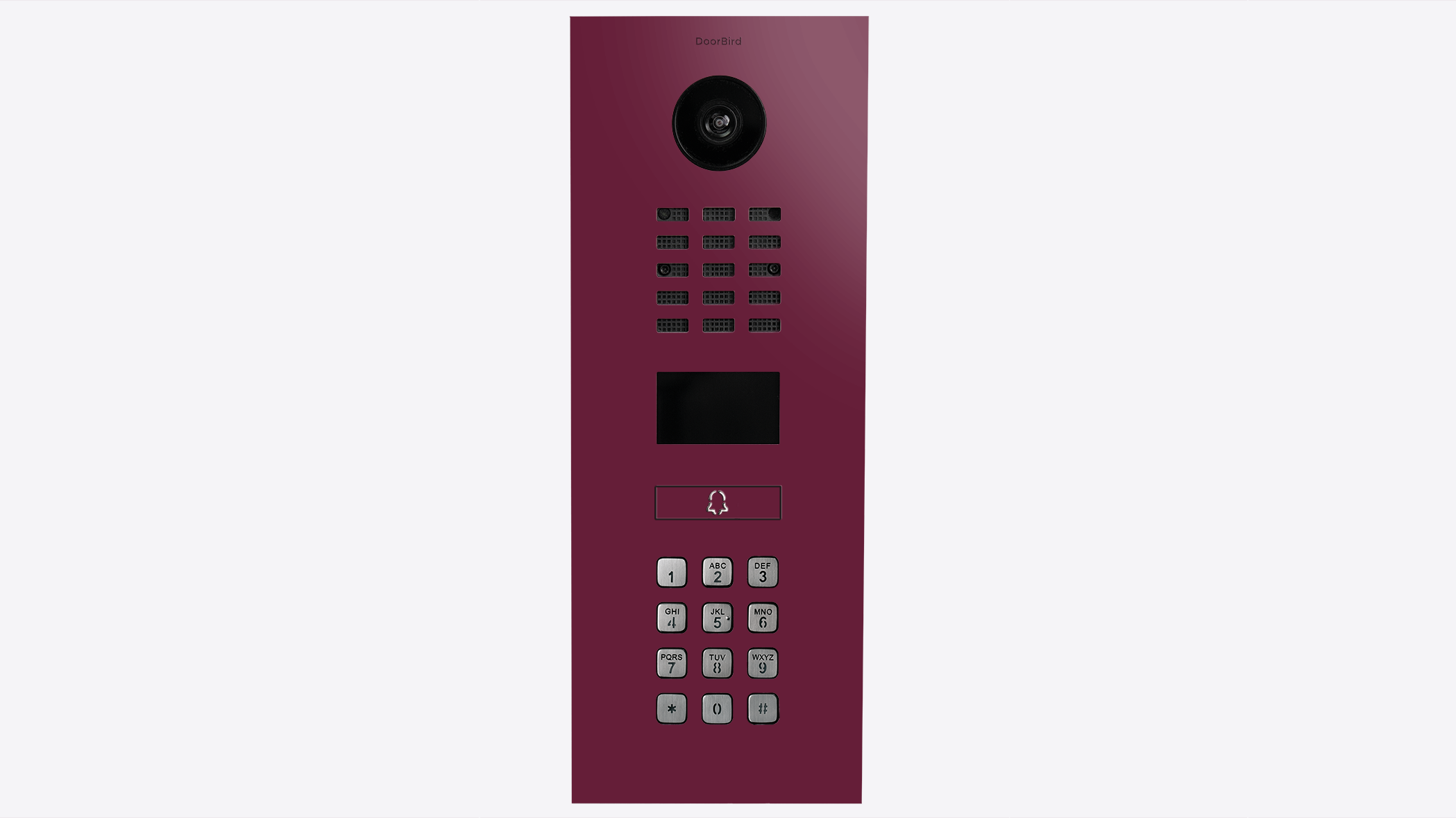 Maroon video intercom panel with camera lens and numeric keypad
