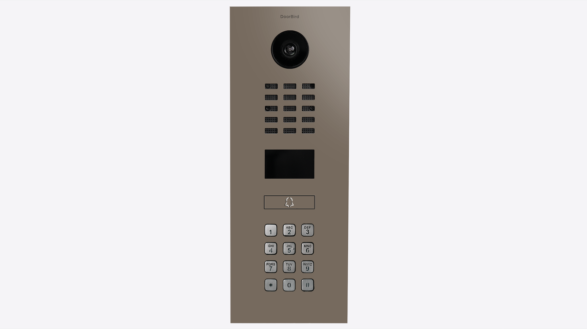 DoorBird video intercom close-up showing camera lens and keypad buttons on beige panel