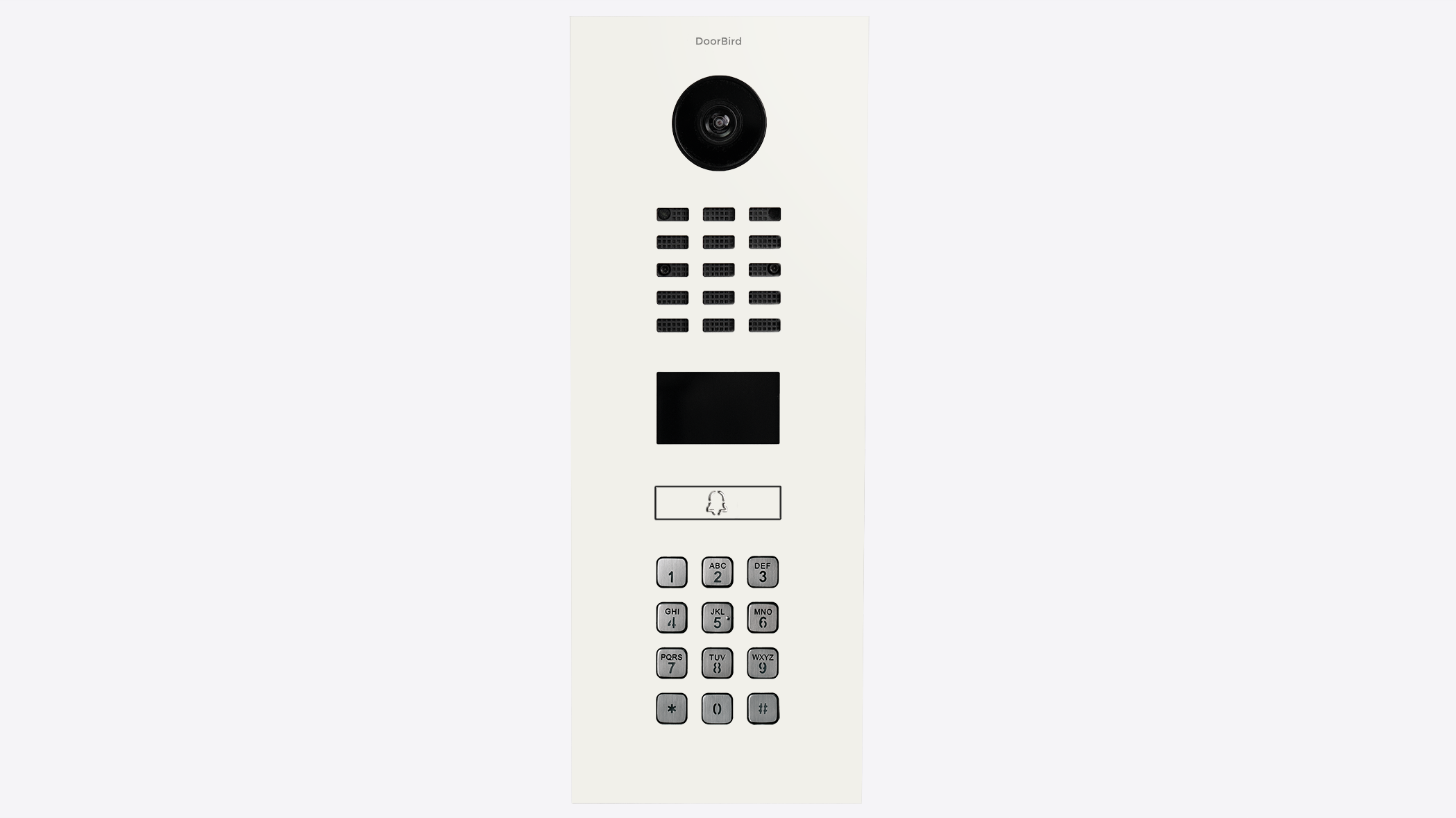 DoorBird front panel video intercom with camera, speaker grille, and keypad