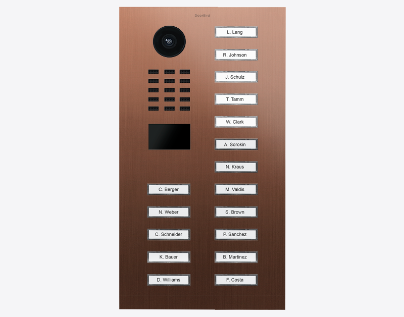 Bronze IP video door station with black camera and 17 call buttons