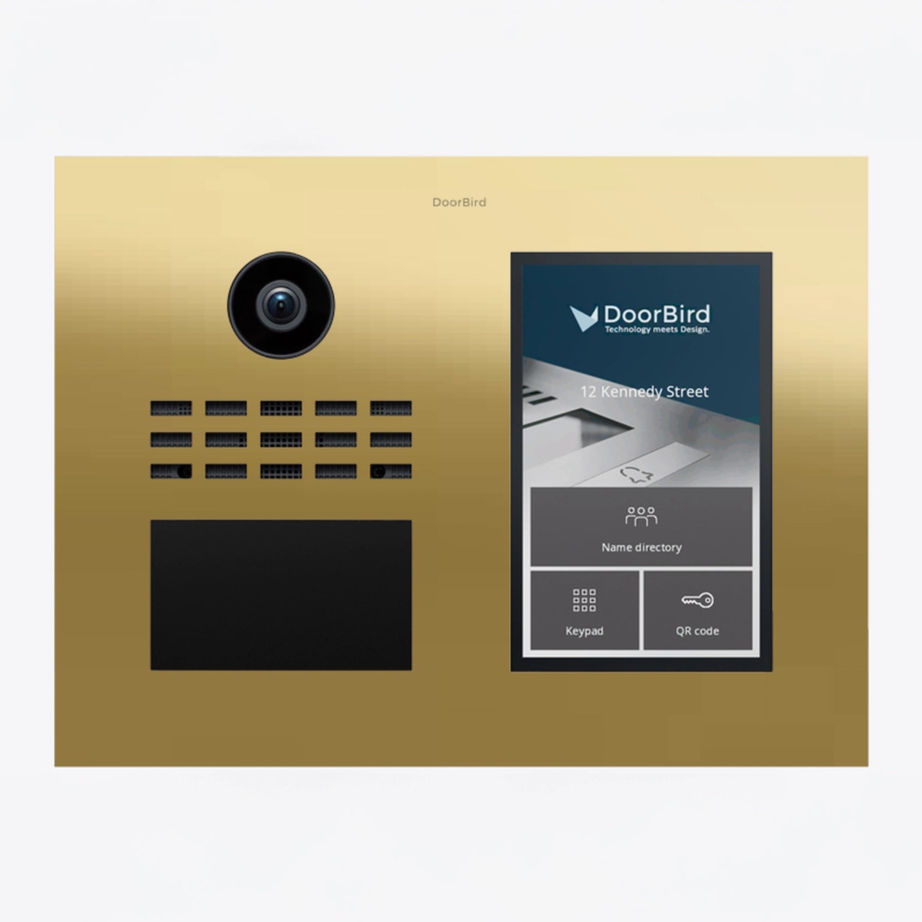 Brass-finish DoorBird IP video intercom with camera, speaker grille, and directory screen