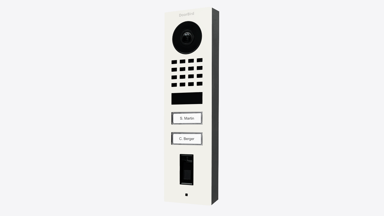 Wall-mounted video door station in white with camera lens and two call buttons