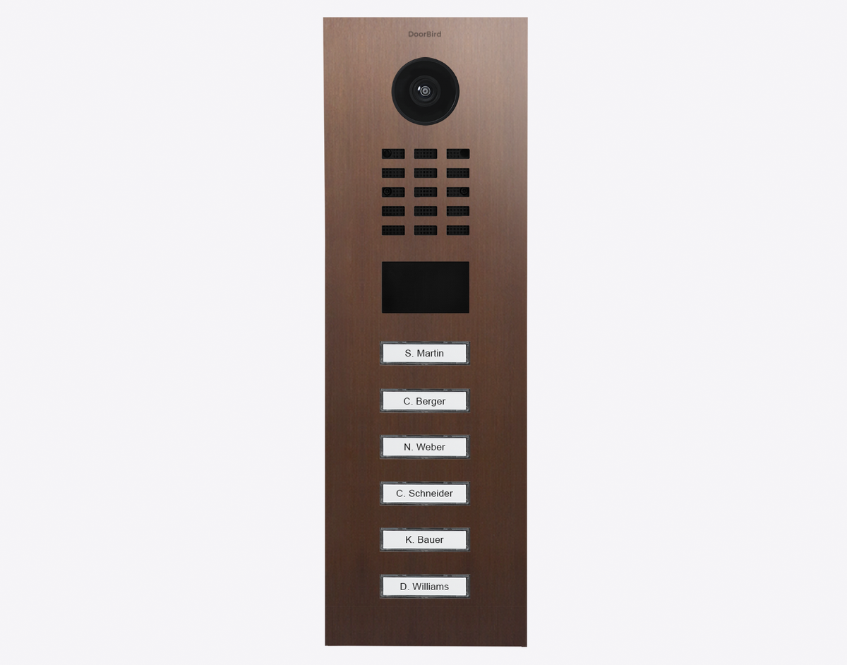 DoorBird bronze IP door station front with camera, button grid, and name labels