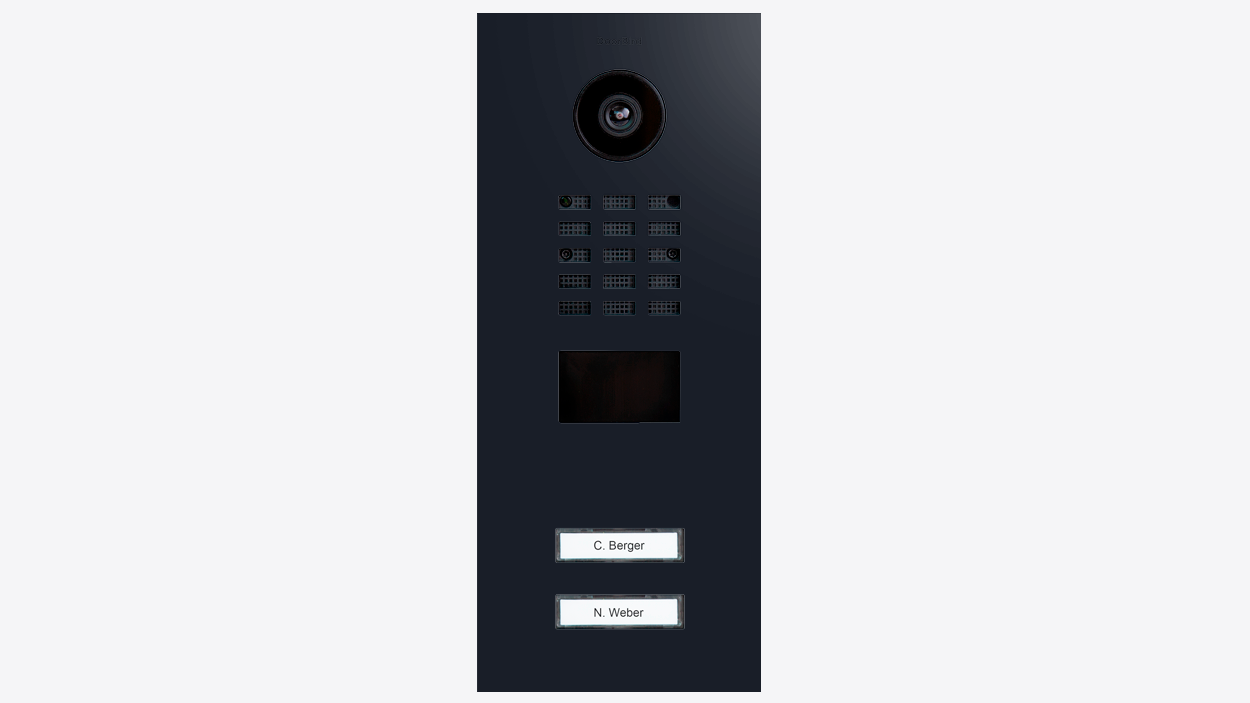 DoorBird video door station in black with camera lens and two call buttons