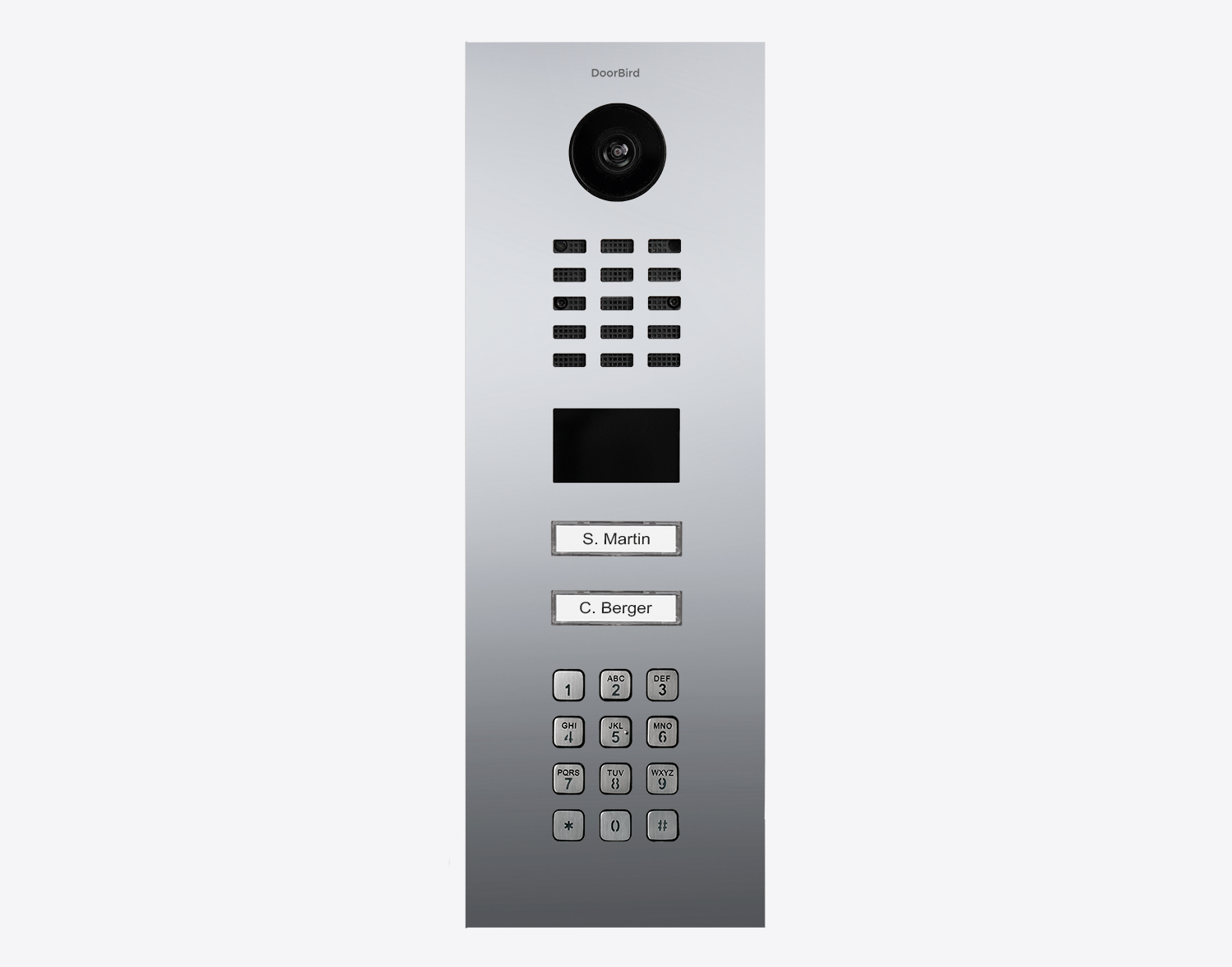 DoorBird video door station in chrome finish with camera lens, keypad, two call buttons