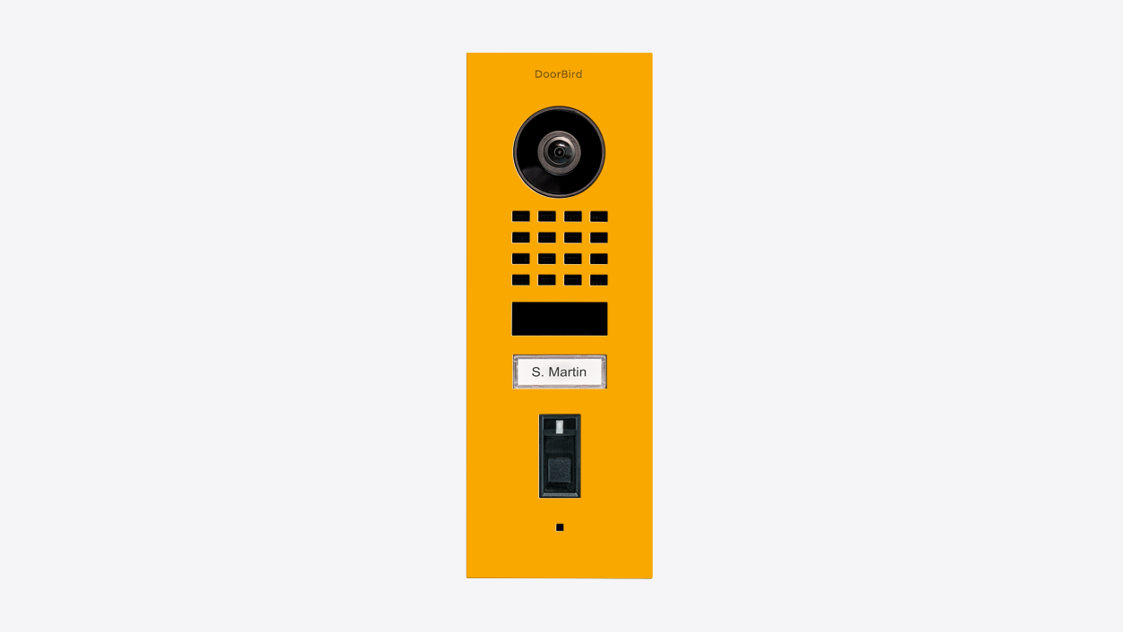 DoorBird IP video door station in signal yellow with camera, keypad, and fingerprint slot