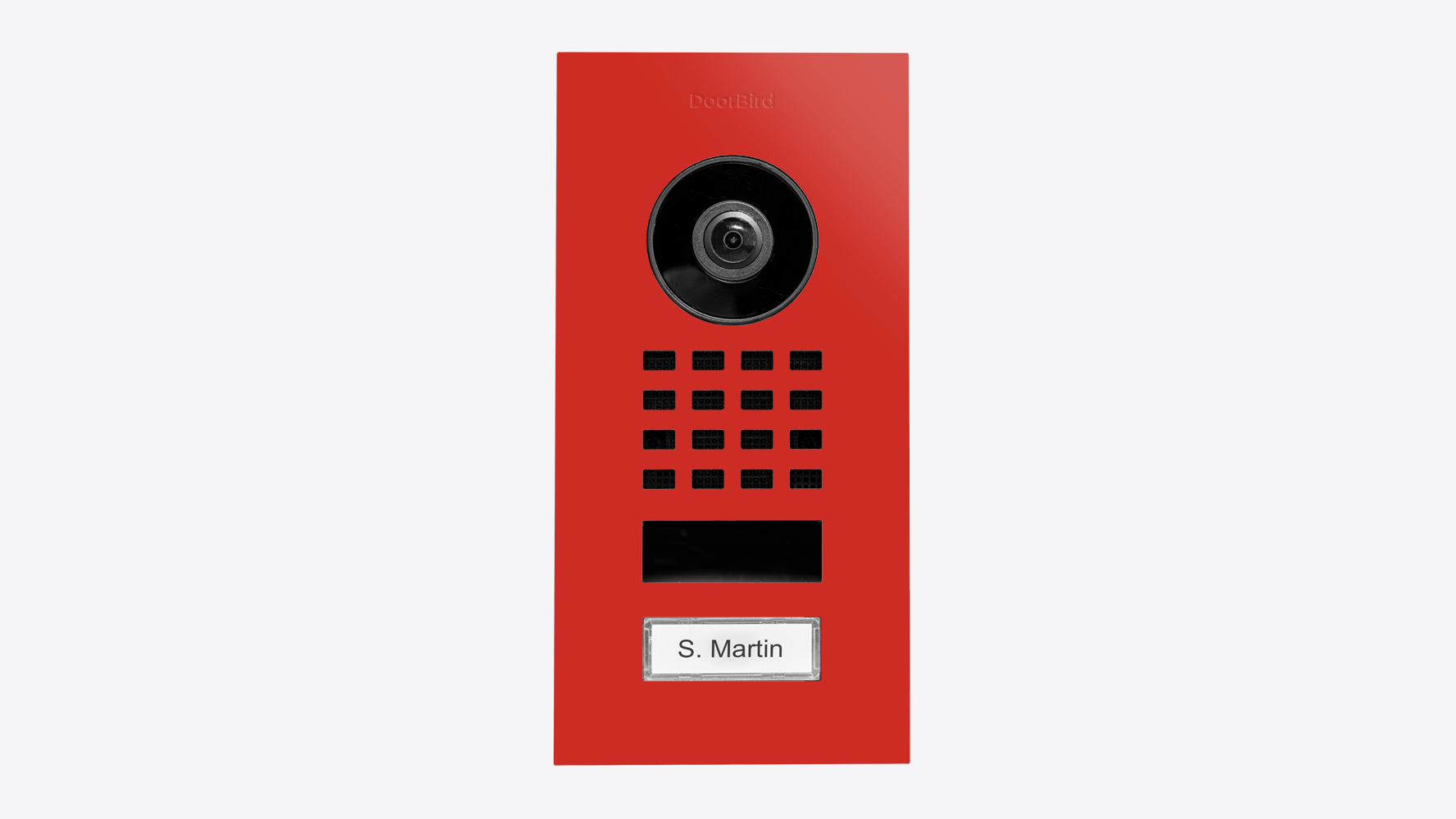Red flush-mount IP video intercom call panel with camera lens, keypad grid, and nameplate