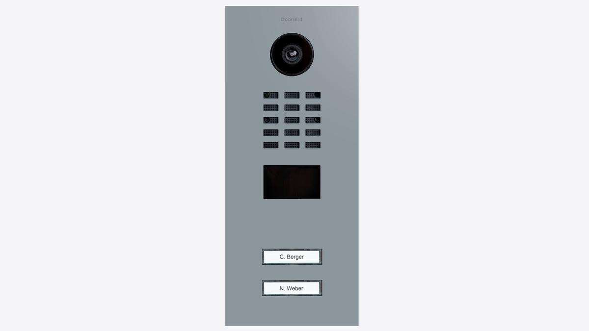 Silver grey video door station front panel with camera, speaker grille, and two call buttons
