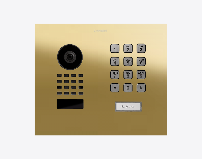DoorBird brass flush-mount IP video door station with camera and number keypad