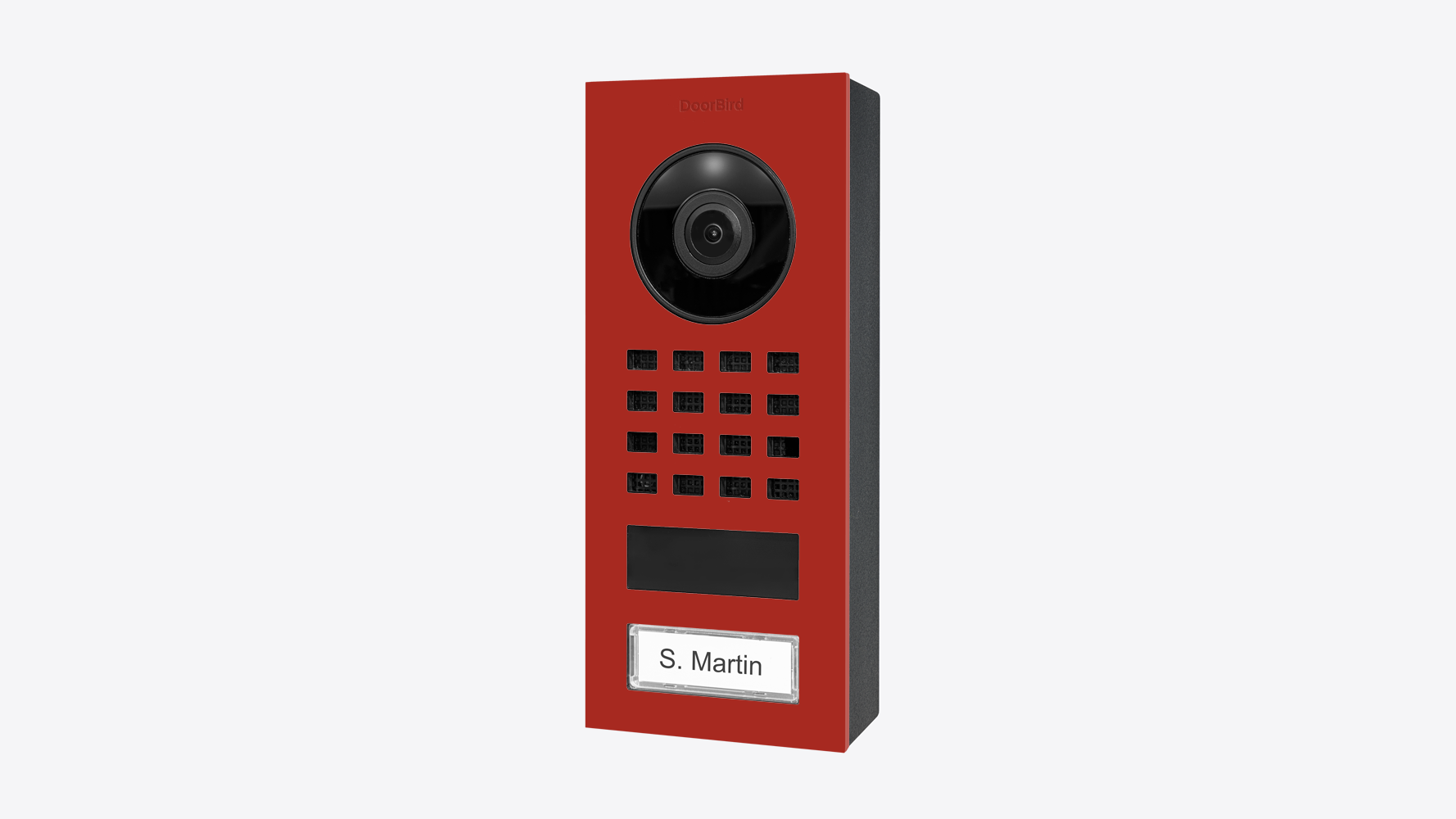 Flame red DoorBird video intercom with camera, keypad, and nameplate