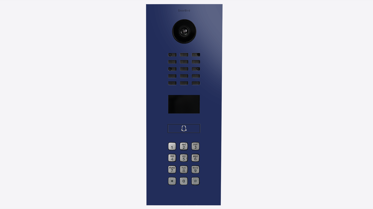 Night blue IP video intercom panel with camera lens and call keypad