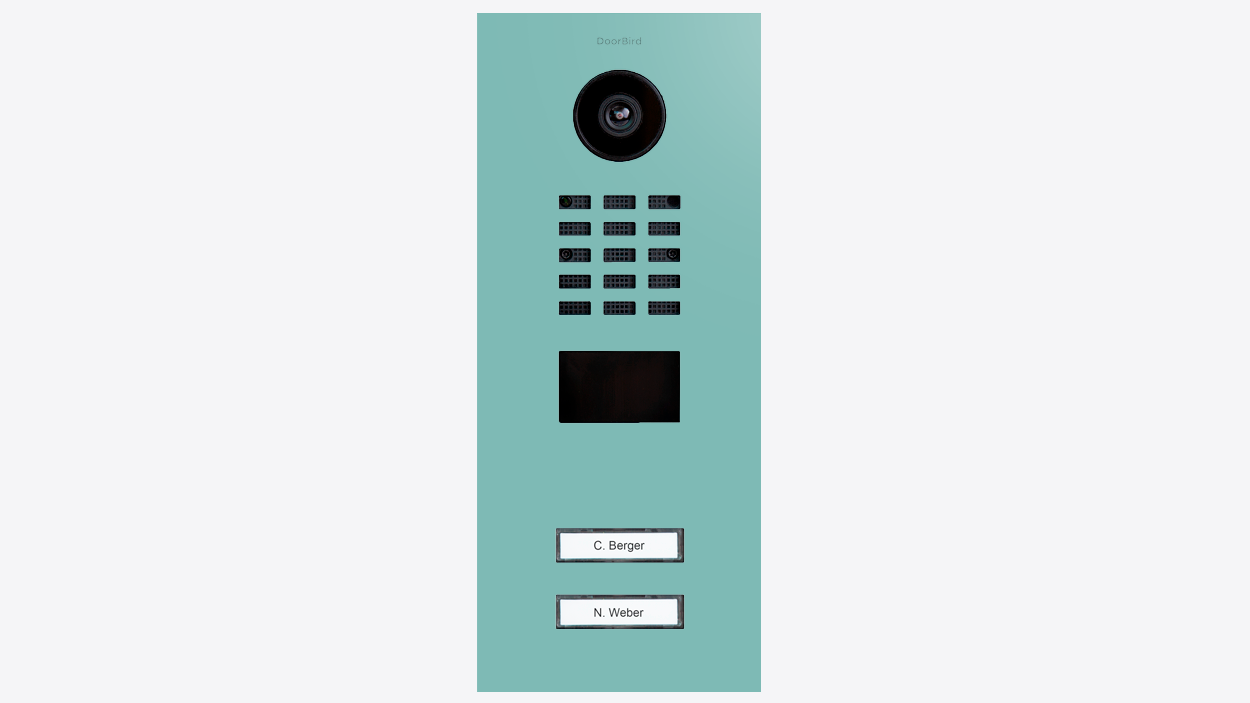 DoorBird IP video door station in light green with camera, speaker grille, and keypad