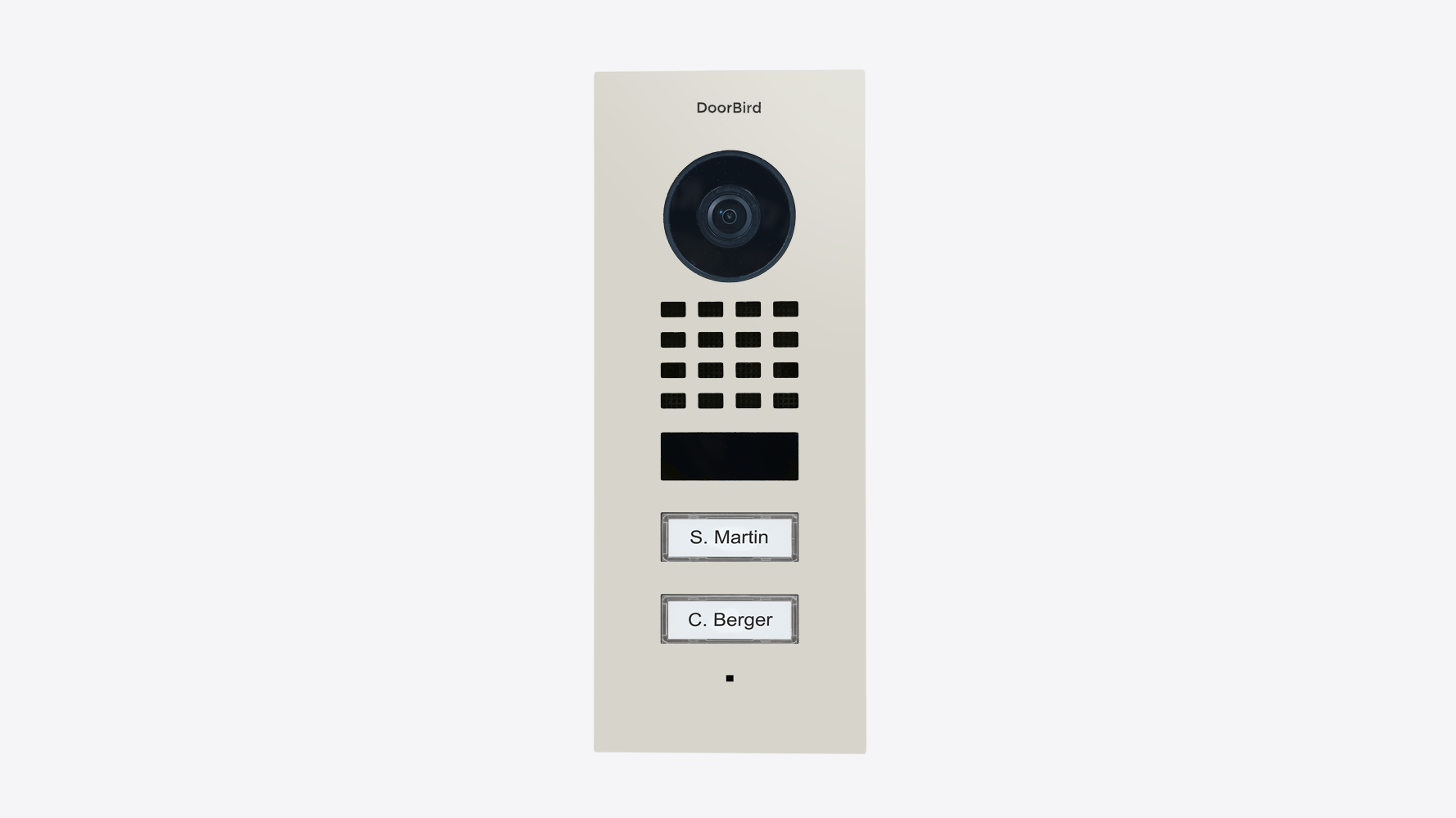 DoorBird flush-mount IP video door station front view, light grey/white with camera and name labels