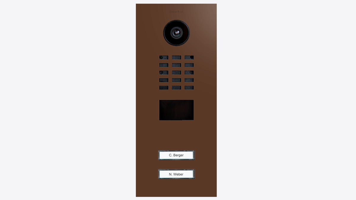 Brown door station panel diagram with camera, keypad grid, and two call buttons