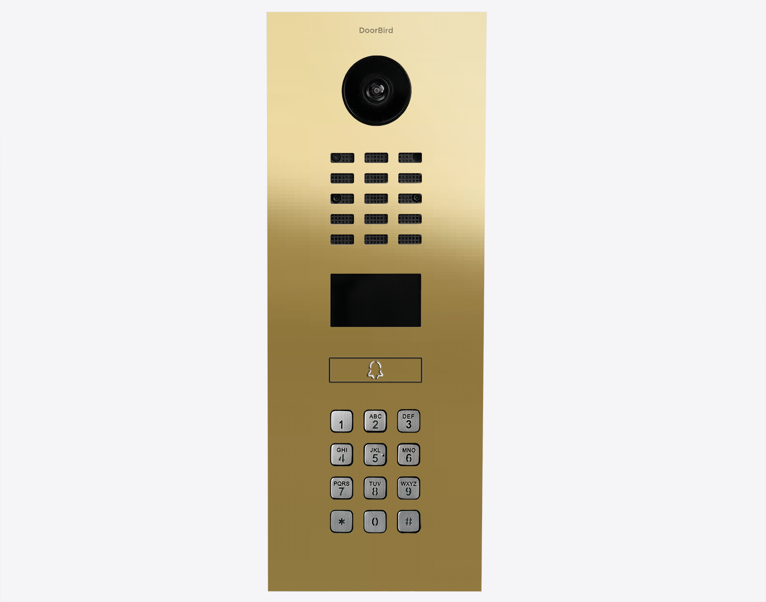 DoorBird brass video door intercom with camera, keypad, and call button