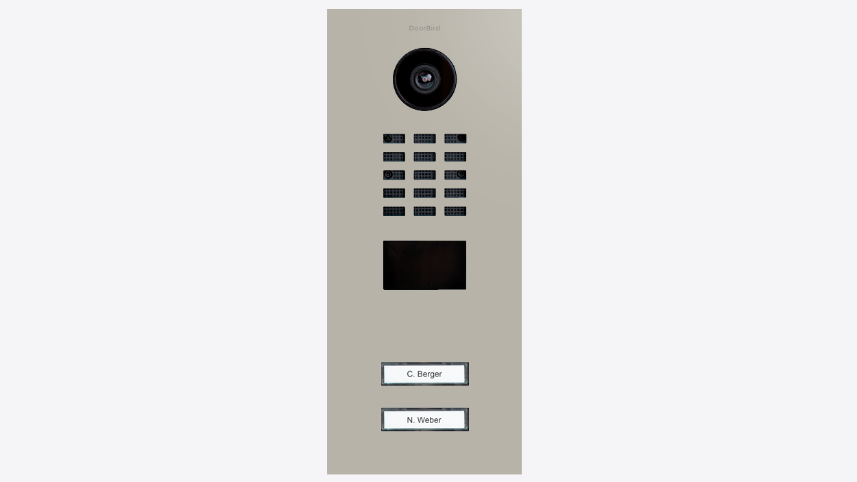 Gray door video entry station with camera, keypad grid, and display window