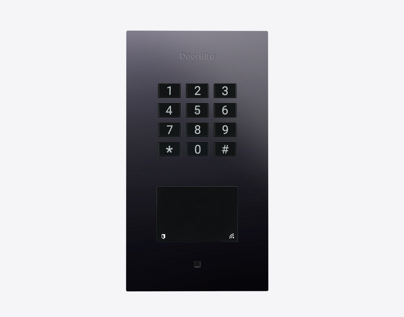 Titanium flush-mount IP access keypad with number buttons and small display