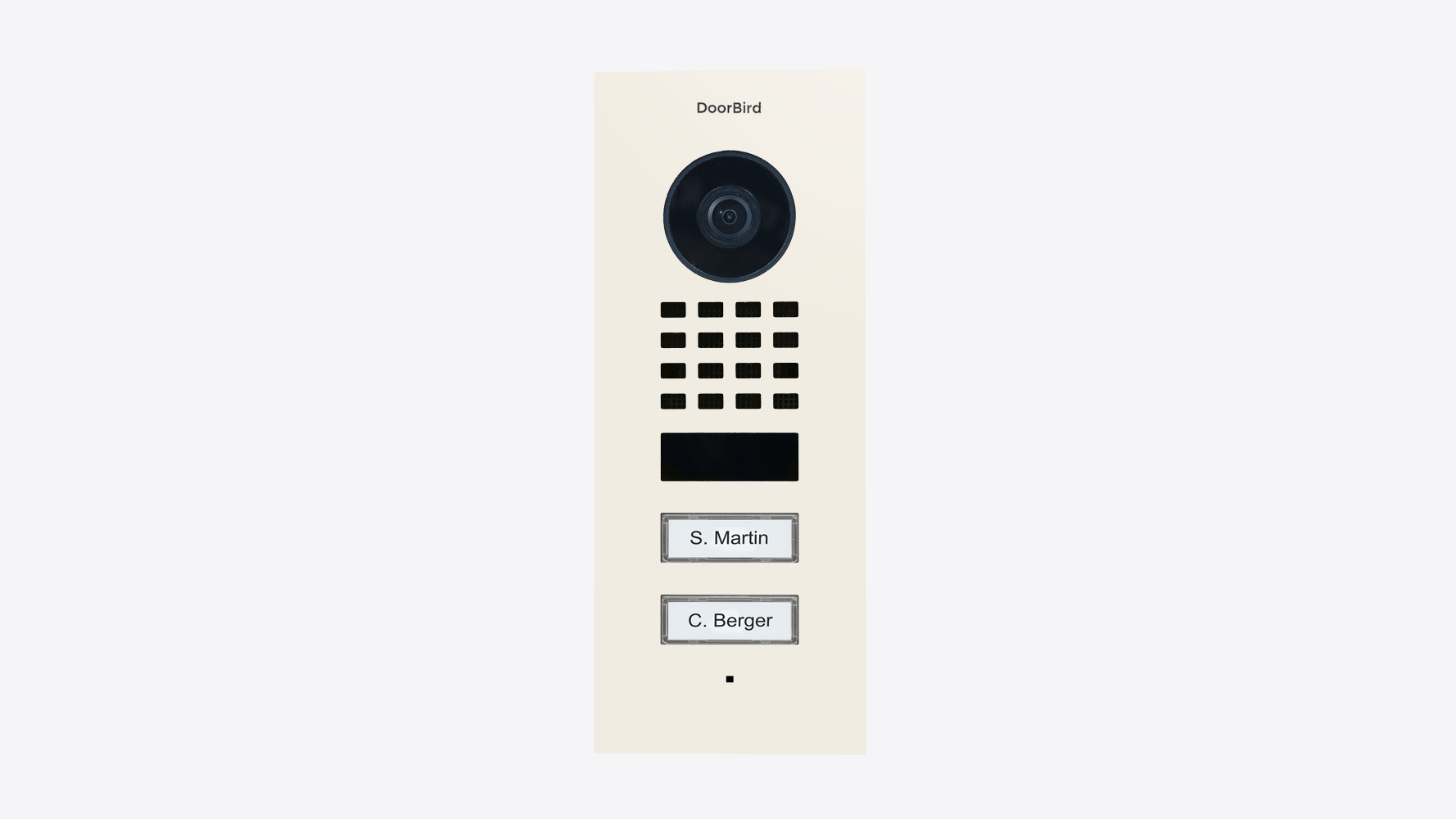 Flush-mount IP video door station, pure white, front view with camera lens and name plates