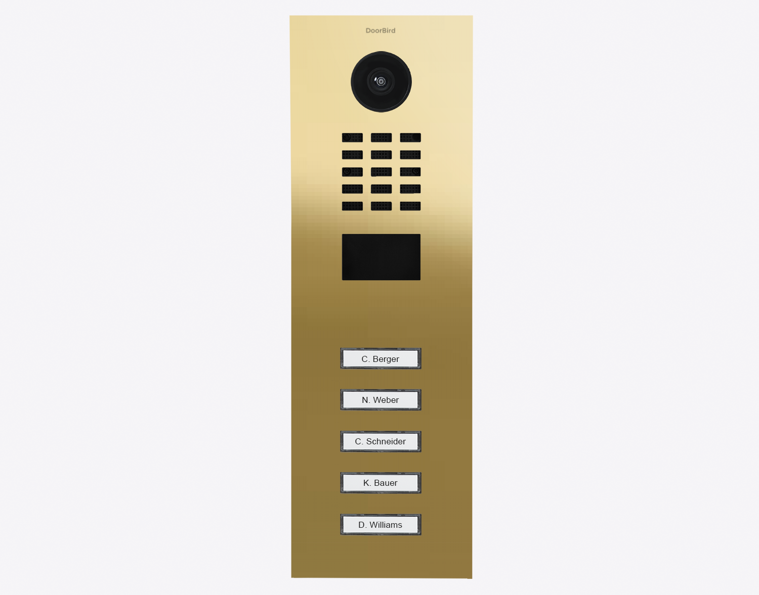 Brass IP video door station with camera, 5 call buttons, name labels, and keypad