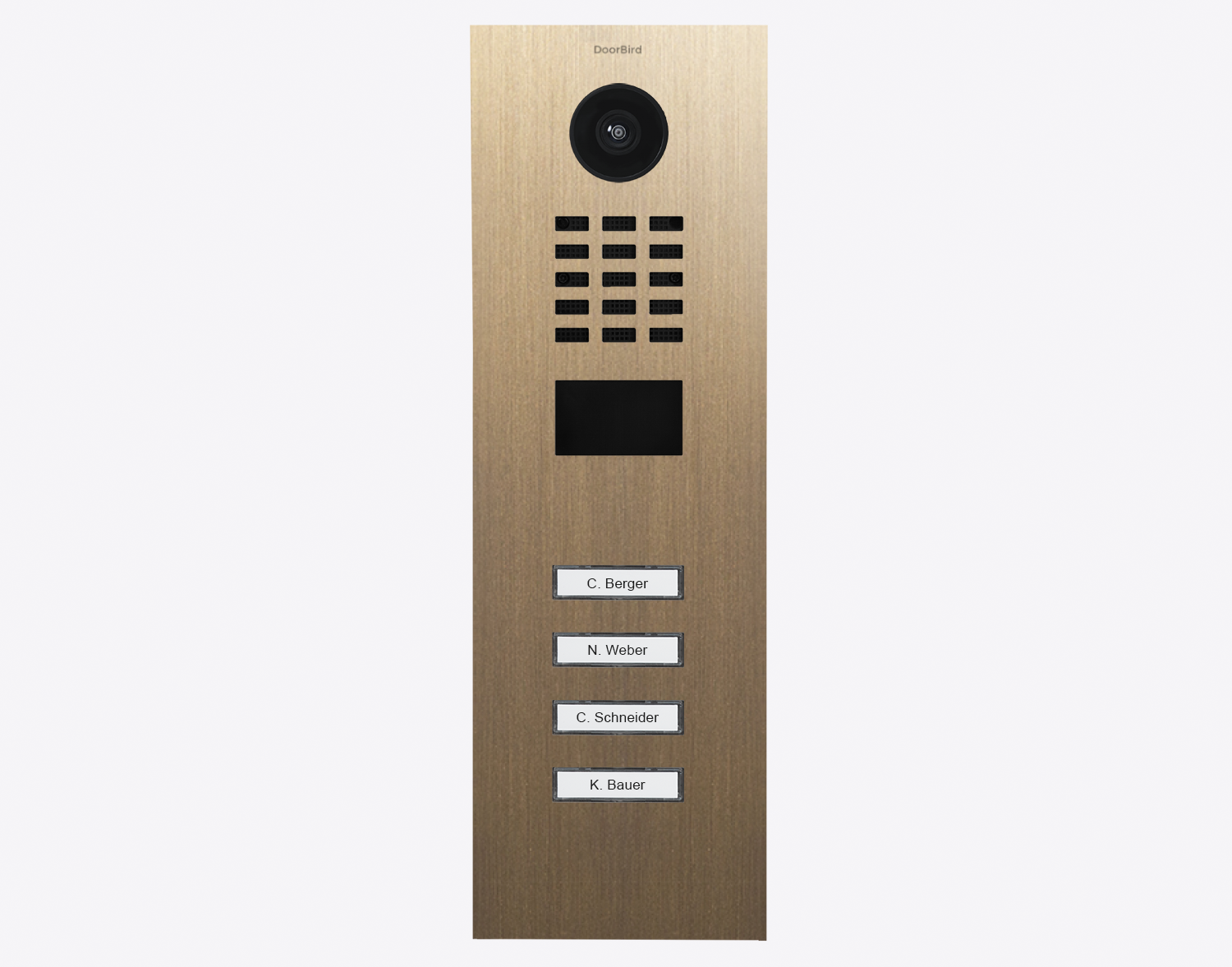 DoorBird IP video door station brass with camera, speaker grille, and 4 call buttons