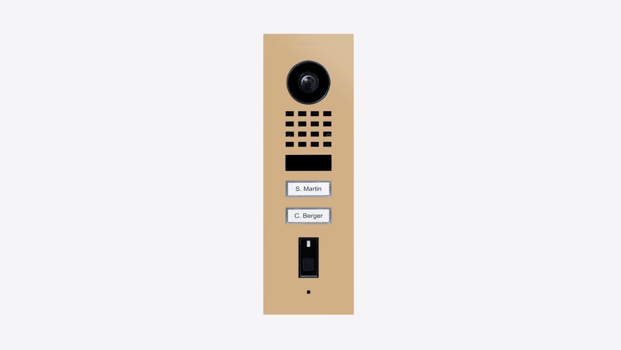 DoorBird video door station, beige flush-mount faceplate with camera lens and keypad