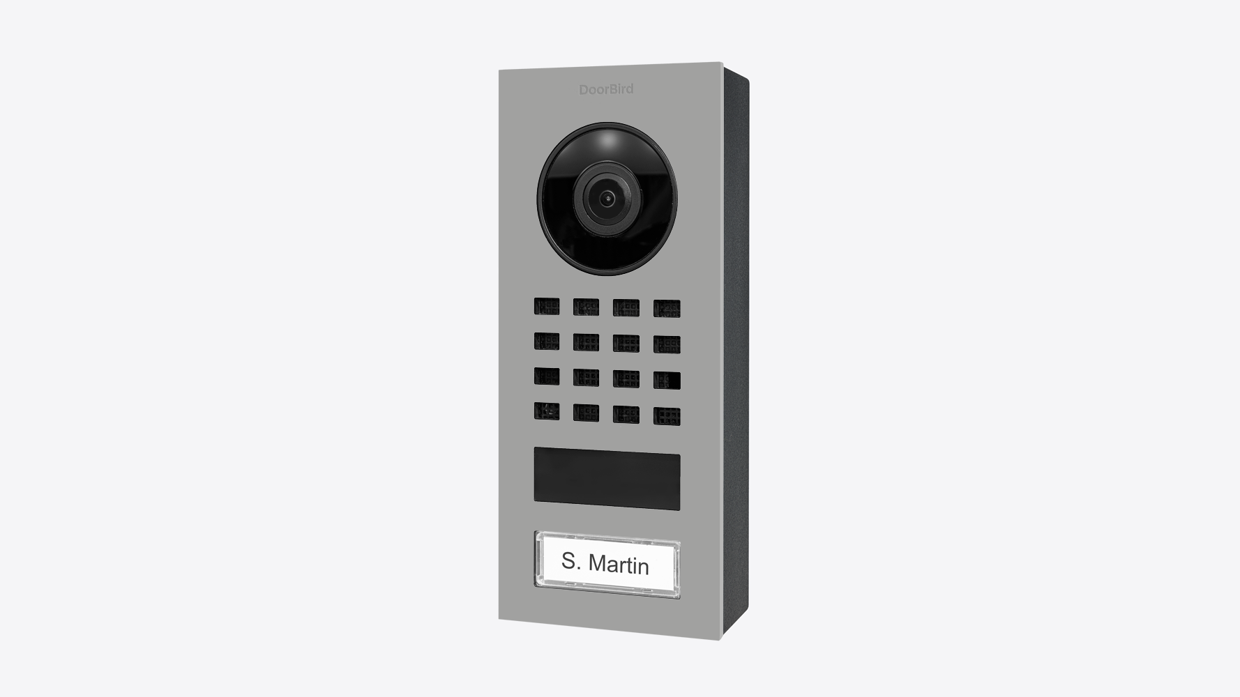 DoorBird surface-mount IP video intercom front view with camera and nameplate