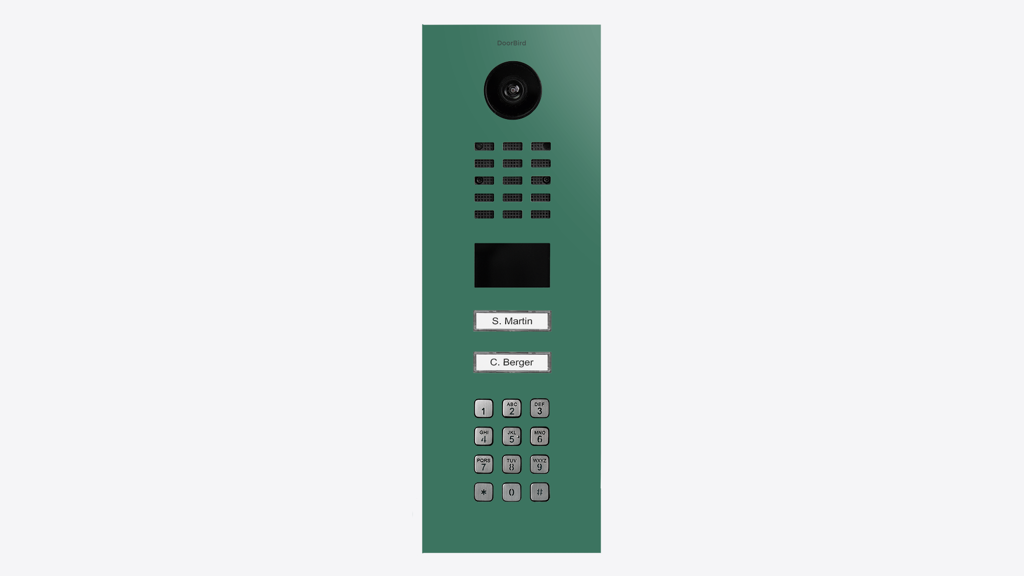 DoorBird IP video door station in patina green with camera, speaker grille, and keypad