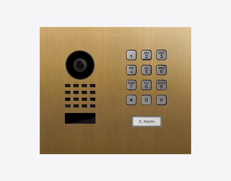 DoorBird D1101KH flush-mount video door station, gold faceplate with camera and keypad