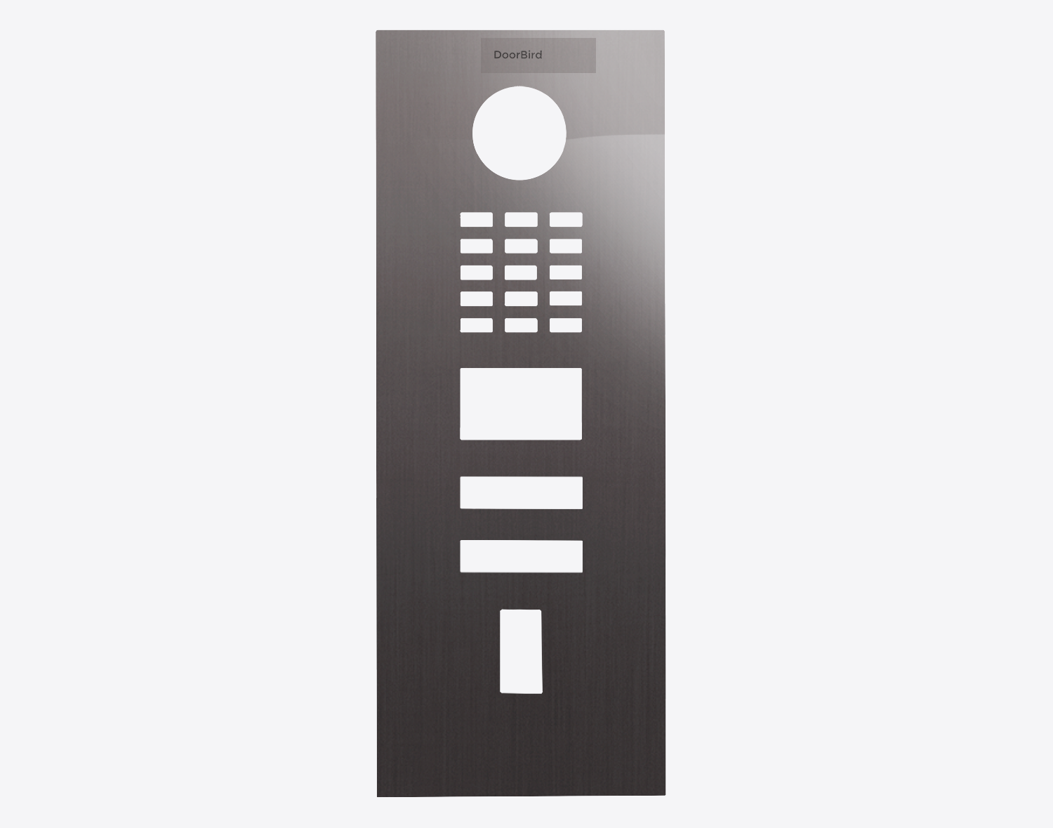 DoorBird titanium front door panel with speaker, camera window, and keypad buttons