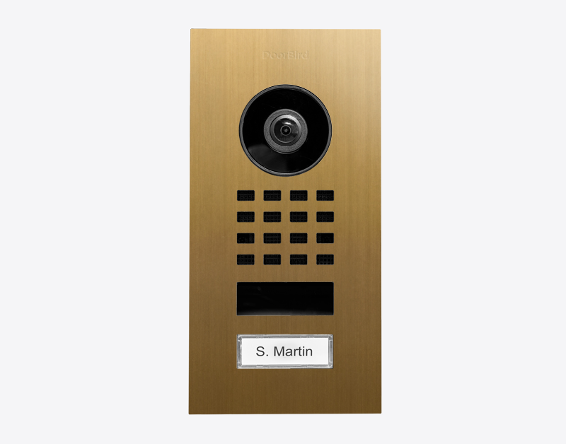 DoorBird D1101V flush-mount video intercom with camera and keypad, gold finish