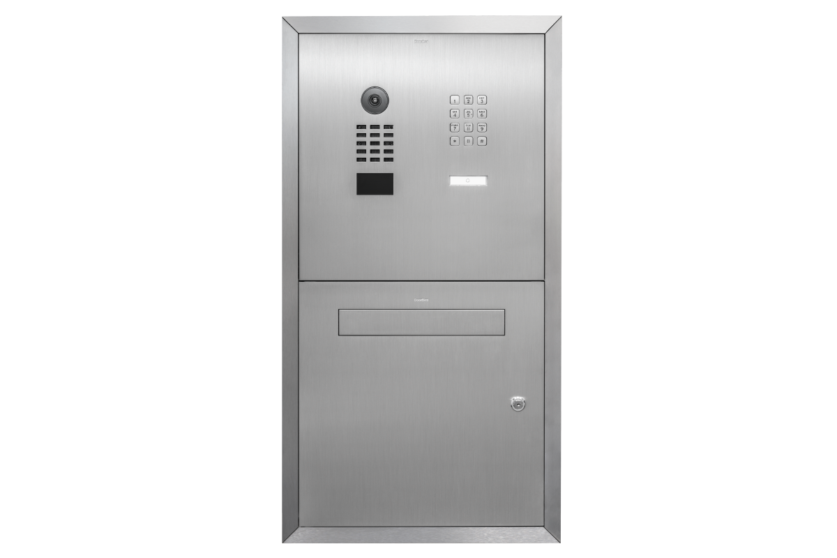 Front view flush-mounted stainless door station letterbox with keypad, call button, mail slot