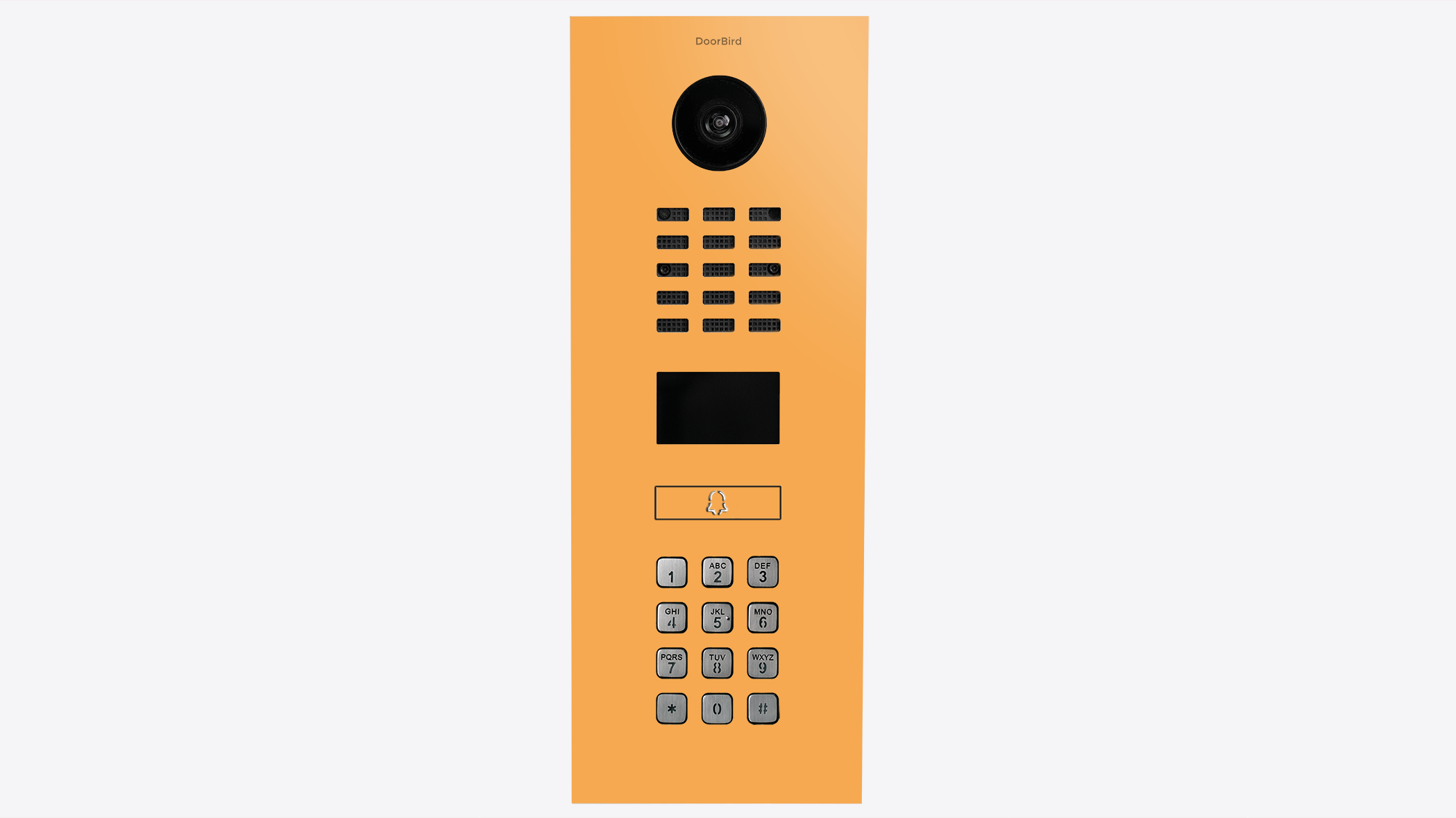 DoorBird saffron-yellow intercom panel with camera lens, speaker grille, keypad