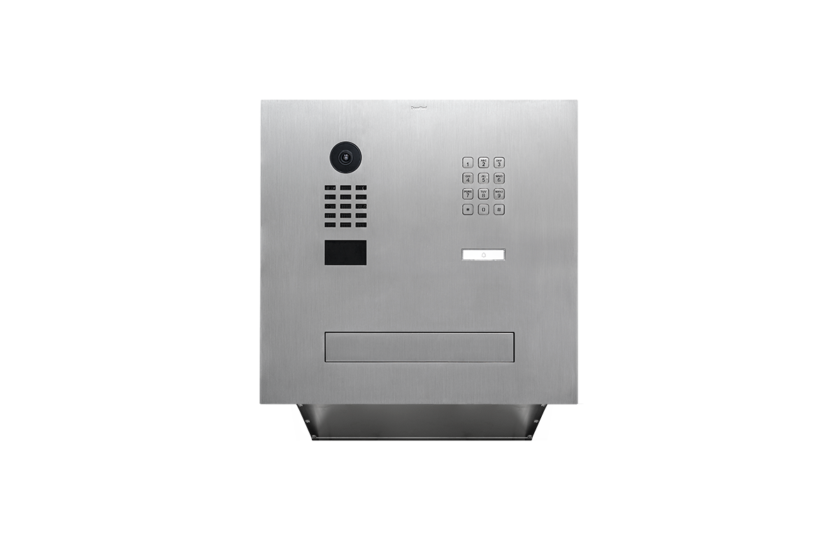 Stainless wall door station panel with keypad, call button, and mail slot