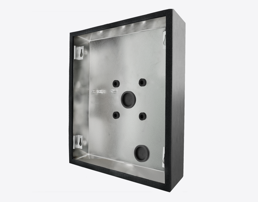Stainless steel surface-mount backbox housing with mounting holes and circular openings
