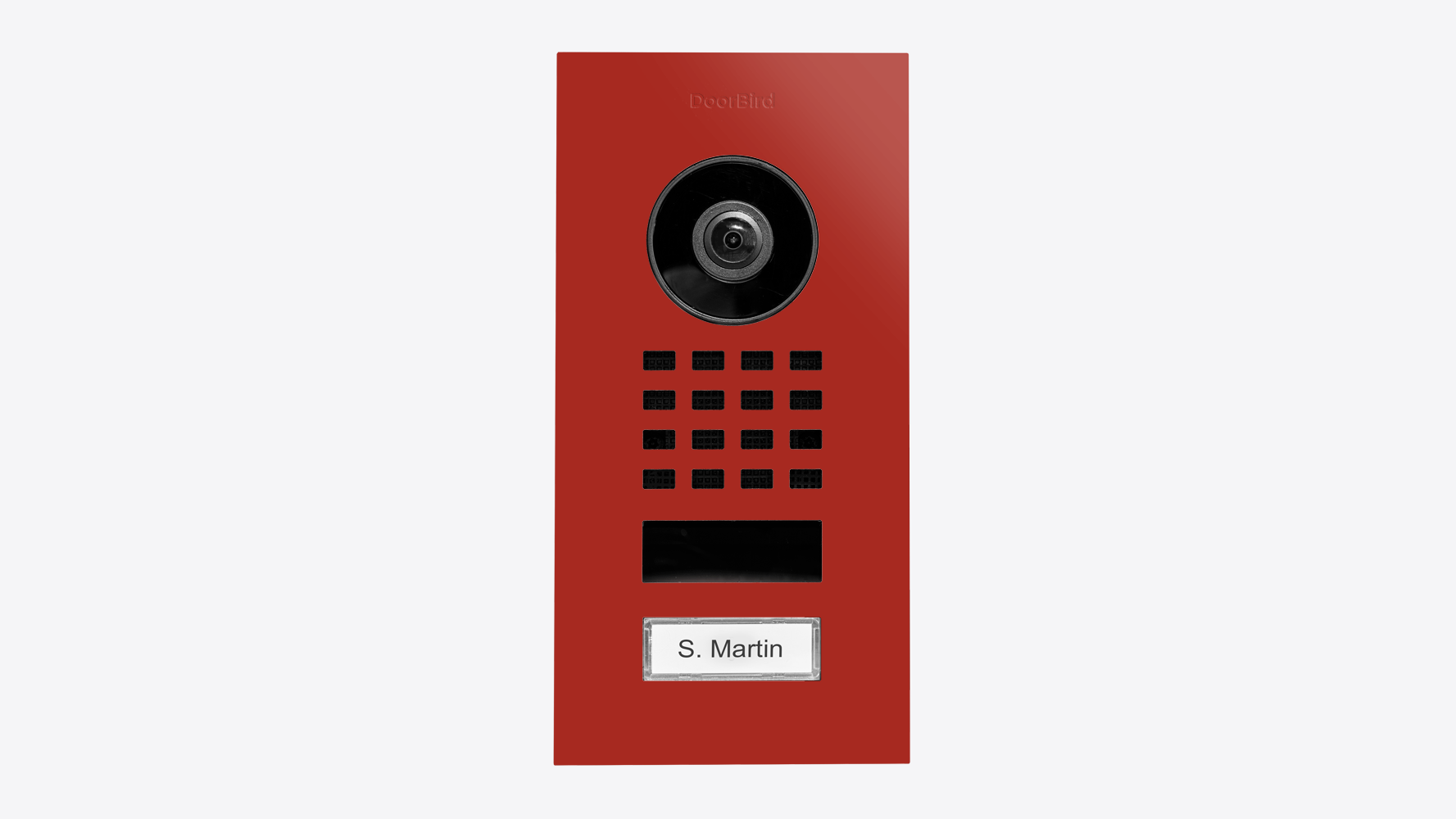DoorBird flush-mount IP video intercom call button in flame red with camera and keypad