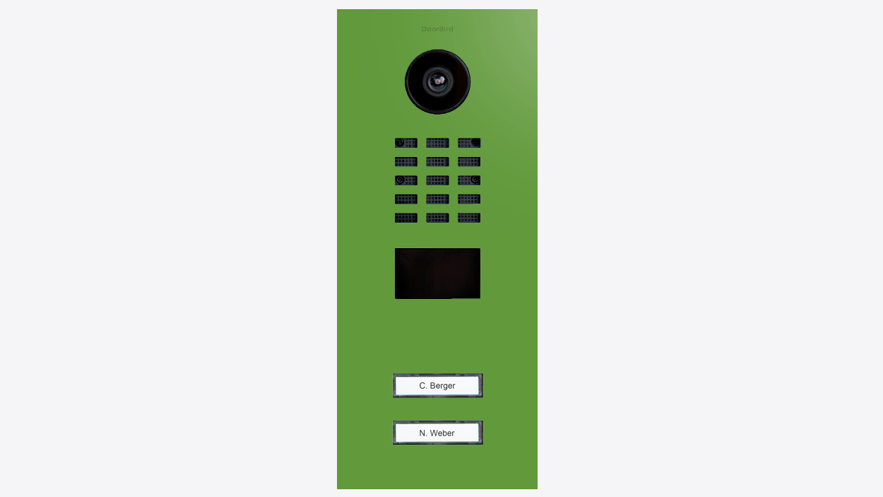 DoorBird IP video door station in yellow-green with camera lens and two call button rows