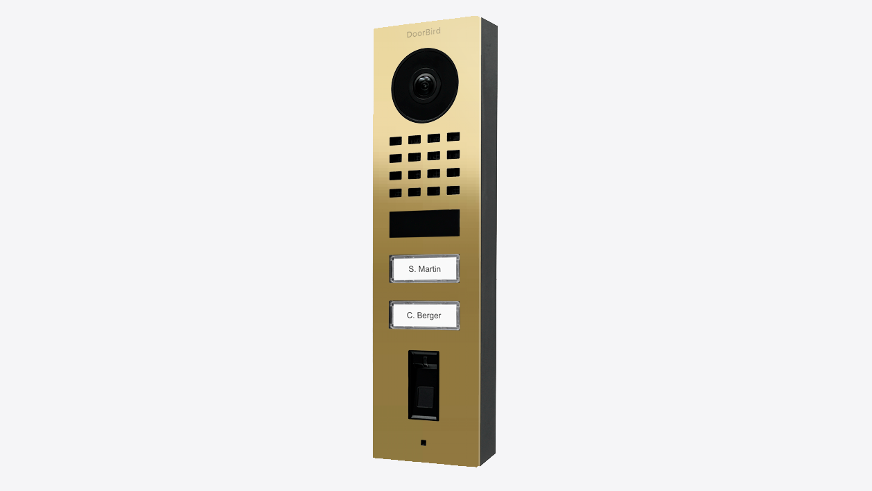 Surface-mount video door station with camera, keypad, and fingerprint sensor.